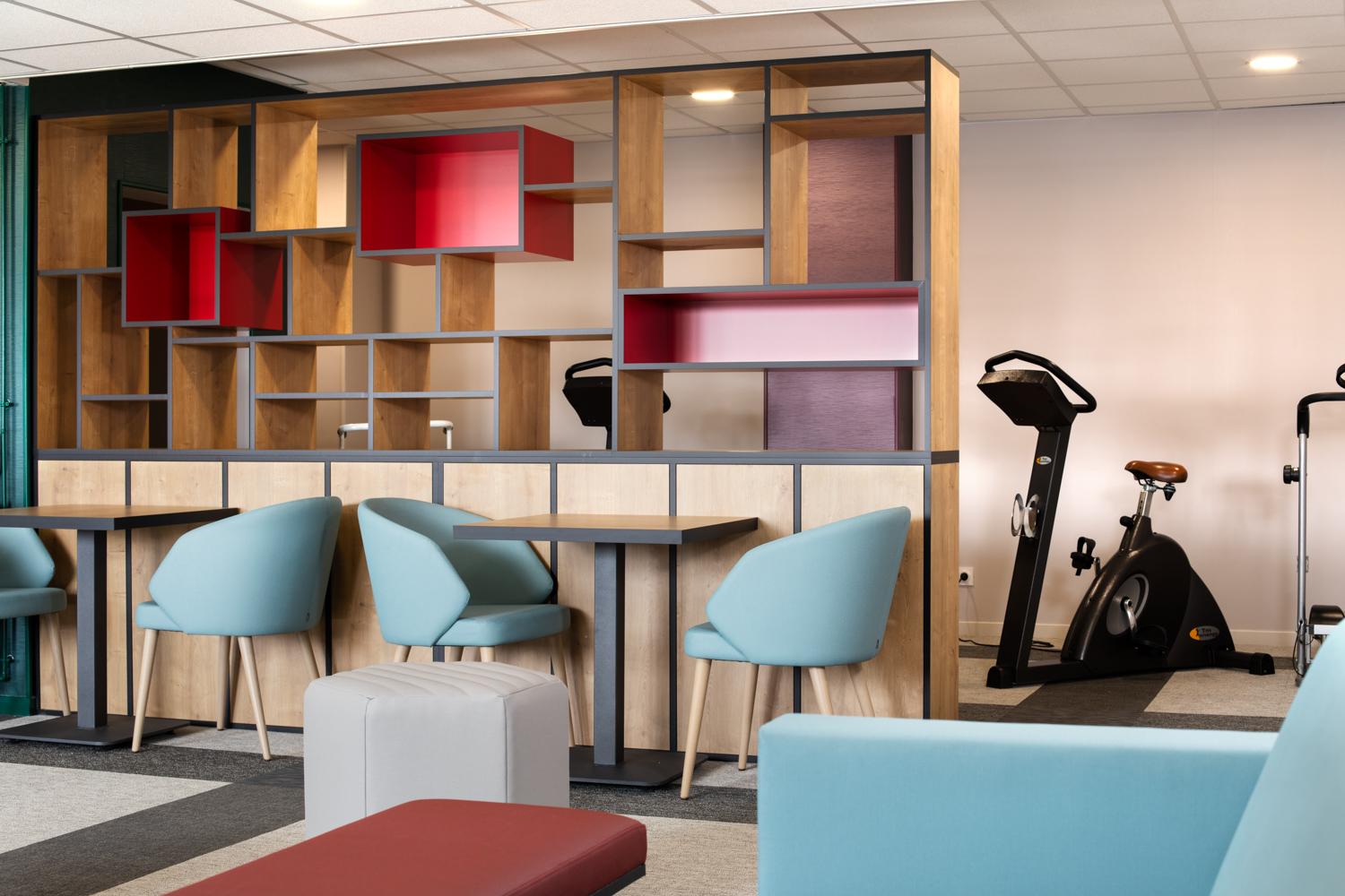 salon bibliothèque en bois coloré